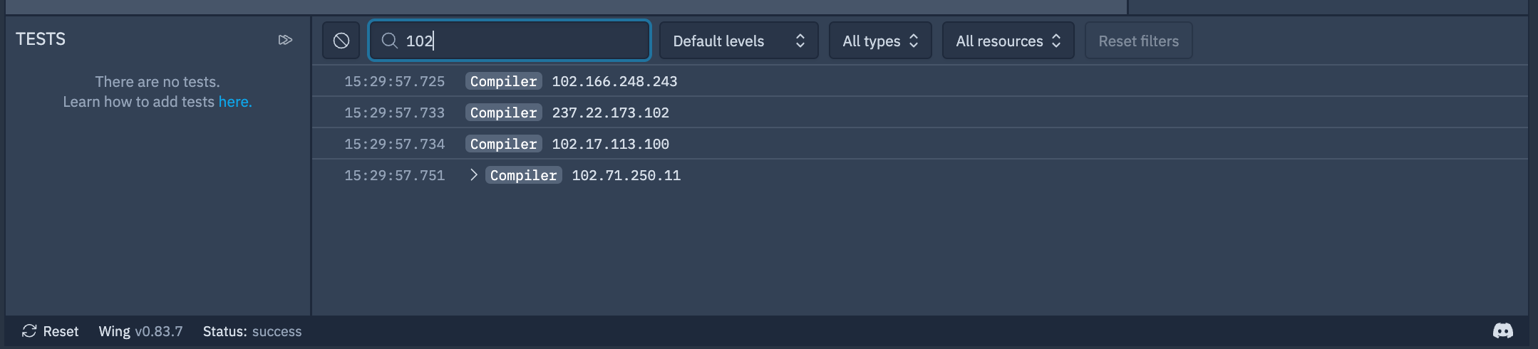 log filters in Wing console